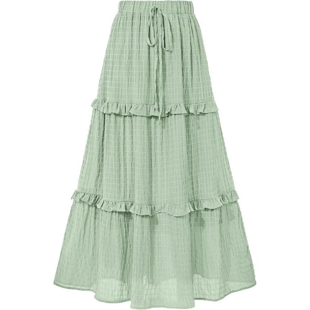 Women's Light Green Long Elegant Waist Cocktail Guest Flared A-Line Midi Skirt